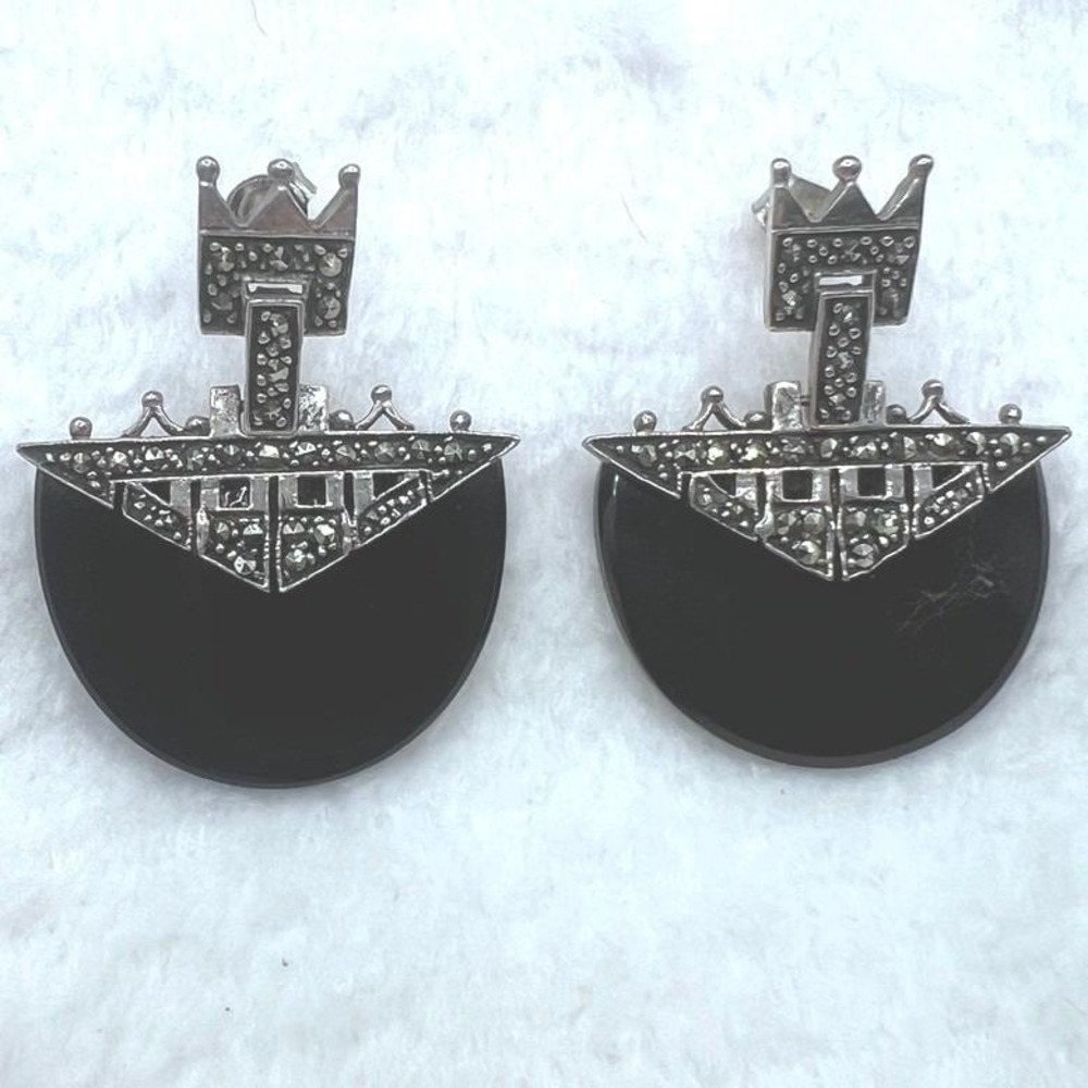Vtg Sterling Silver Onyx Marcasite Earrings Post‎ Dangle Art Deco Revival Crown